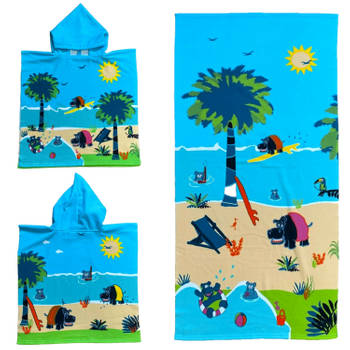 Set van bad cape/poncho met strand/badlaken microvezel - voor kinderen met nijlpaard - Badcapes