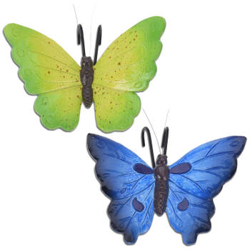 Tuindecoratie bloempothanger vlinder - set 2x - blauw/groen - kunststeen - 13 x 10 cm - Tuinbeelden