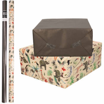 6x Rollen kraft inpakpapier jungle/oerwoud pakket - dieren/zwart 200 x 70 cm - Cadeaupapier