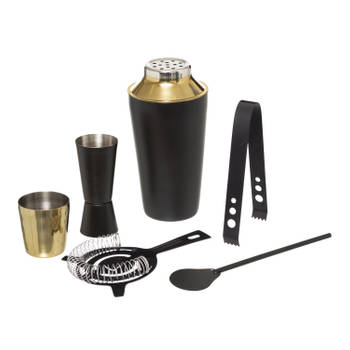 RVS barset / cocktailset / giftset met cocktailshaker 6-delig zwart/goud - Cocktailshakers