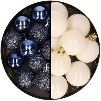 36x stuks kunststof kerstballen donkerblauw en wol wit 3 en 4 cm - Kerstbal