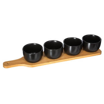 5Five Serveerplank/borrelplank hapjes/saus/tapas - aardewerk - zwart - incl. 4x schaaltjes - Serveerplanken