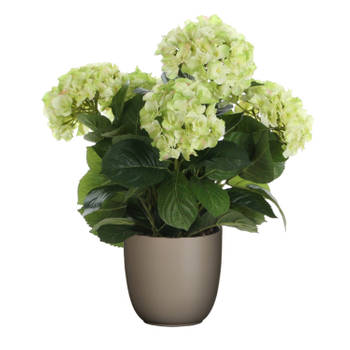 Hortensia kunstplant/kunstbloemen 45 cm - groen - in pot taupe mat - Kunstplanten