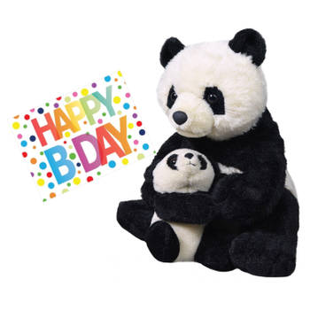 Pluche knuffel panda beer met baby 38 cm met A5-size Happy Birthday wenskaart - Knuffeldier