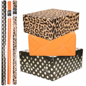 6x Rollen kraft inpakpapier/folie pakket - panterprint/oranje/zwart met gouden stippen 200x70 cm - Cadeaupapier