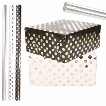 6x Rollen transparante/folie luxe inpakpapier zilveren/gouden stippen pakket - wit/zwart 200 x 70 cm - Cadeaupapier