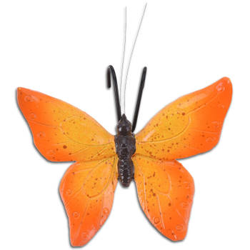 Pro Garden tuindecoratie bloempothanger vlinder - kunststeen - oranje - 13 x 10 cm - Tuinbeelden