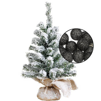 Mini kerstboom besneeuwd met verlichting - in jute zak - H45 cm - zwart - Kunstkerstboom