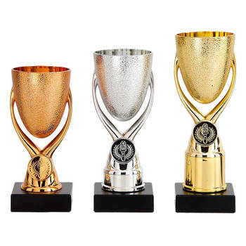 Luxe trofee/prijs bekers - 3x - brons/goud/zilver - metaal - 15 x 6,8 cm - Fopartikelen