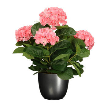 Hortensia kunstplant/kunstbloemen 45 cm - roze - in pot titanium grijs glans - Kunstplanten