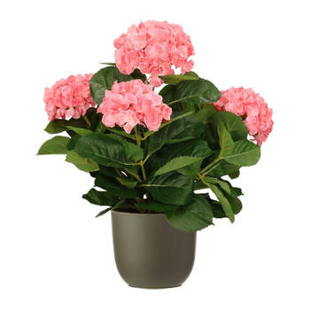 Hortensia kunstplant/kunstbloemen 45 cm - roze - in pot olijfgroen mat - Kunstplanten