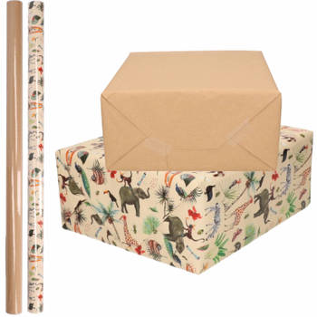 4x Rollen kraft inpakpapier jungle/oerwoud pakket - dieren/bruin 200 x 70 cm - Cadeaupapier