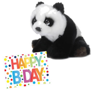 Pluche knuffel panda beer 15 cm met A5-size Happy Birthday wenskaart - Knuffelberen