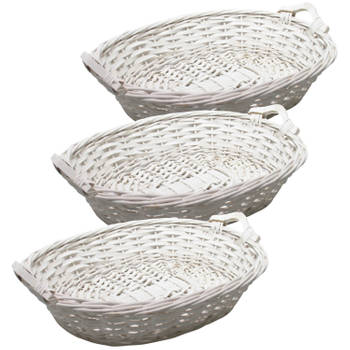 Broodmand ovaal - 3x - wit - 43 x 33 x 9 cm - mandje rotan/riet - broodmand