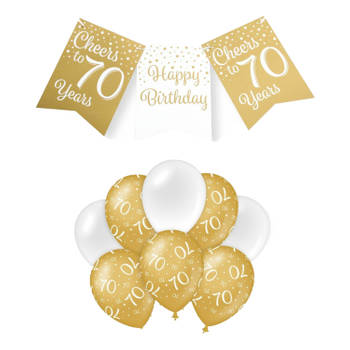 Paperdreams Luxe 70 jaar feestversiering set - Ballonnen & vlaggenlijnen - wit/goud - Feestpakketten