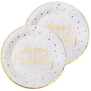 Verjaardag feest bordjes happy birthday - 20x - wit - karton - 22 cm - rond - Feestbordjes