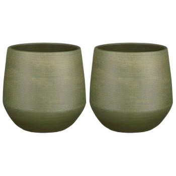 2x Stuks Plantenpot/bloempot keramiek donkergroen relief patroon - D24/H23 cm - Plantenpotten