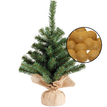 Mini kunst kerstboom groen met verlichting - in jute zak - H45 cm - okergeel - Kunstkerstboom