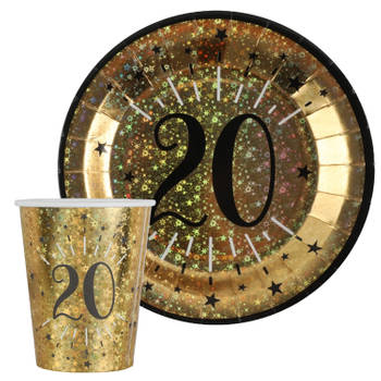 Verjaardag feest bekertjes en bordjes leeftijd - 40x - 20 jaar - goud - karton - Feestpakketten