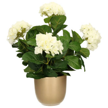 Hortensia kunstplant/kunstbloemen 45 cm - wit - in pot goud glans - Kunstplanten