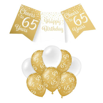 Paperdreams Luxe 65 jaar feestversiering set - Ballonnen & vlaggenlijnen - wit/goud - Feestpakketten