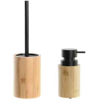 Toiletborstel in houder 36 cm met zeeppompje 16 cm bamboe hout - Badkameraccessoireset
