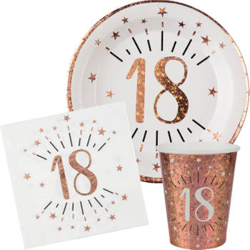 Verjaardag feest bekertjes/bordjes en servetten leeftijd - 30x - 18 jaar - rose goud - Feestpakketten