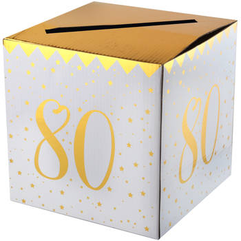 Enveloppendoos - Verjaardag - 80 jaar - wit/goud - karton - 20 x 20 cm - Feestdecoratievoorwerp