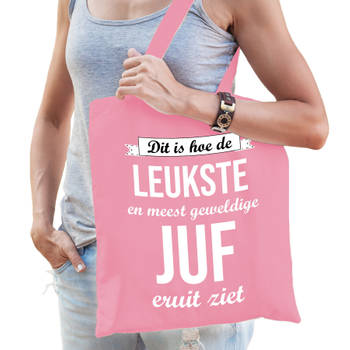 Bellatio Decorations cadeau tas voor juf - leukste juf - roze - katoen - 42 x 38 cm - juffendag - Feest Boodschappentass