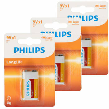 Philips 9V Long life batterij - 3x - alkaline - 9 Volt blokbatterijen - batterij 9v blok