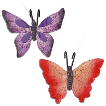 Tuindecoratie bloempothanger vlinder - set 2x - paars/rood - kunststeen - 13 x 10 cm - Tuinbeelden