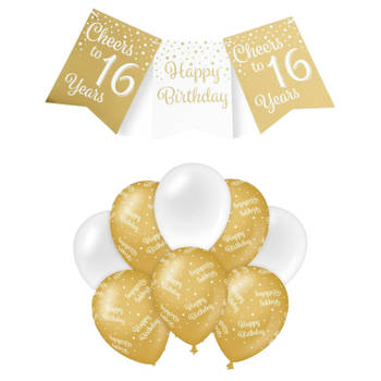 Paperdreams Luxe 16 jaar feestversiering set - Ballonnen & vlaggenlijnen - wit/goud - Feestpakketten