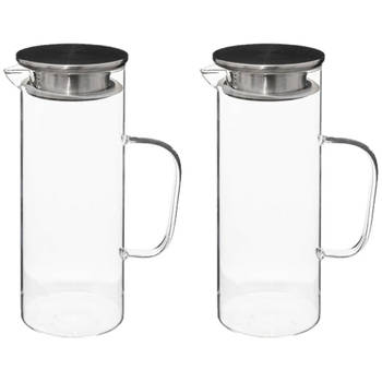 Secret de Gourmet Water Karaf/Schenkkan - 2x - rvs dop - glas - 1.1 Liter - D9 x H22 cm - Karaffen