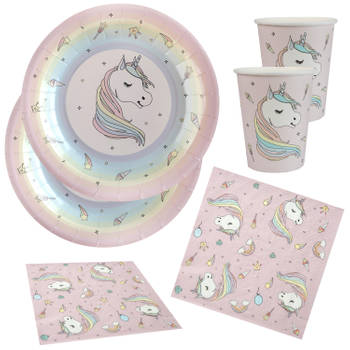 Eenhoorn feest wegwerp servies set - 10x bordjes / 10x bekers / 20x servetten - roze - Feestpakketten
