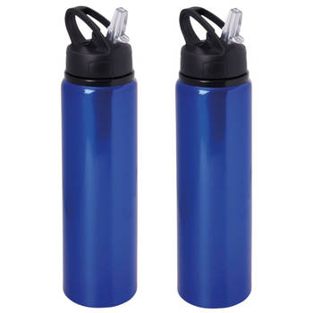 Waterfles/sportfles/drinkfles Sporty - 2x - blauw - aluminium/kunststof - 800 ml - Drinkflessen