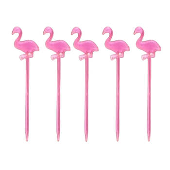 Cocktail/tapas prikkers - flamingo - 50x stuks - roze - kunststof - 8 cm - Cocktailprikkers