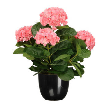 Hortensia kunstplant/kunstbloemen 45 cm - roze - in pot zwart glans - Kunstplanten