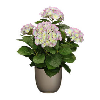 Hortensia kunstplant/kunstbloemen 45 cm - paars/groen - in pot taupe mat - Kunstplanten
