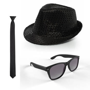 Carnaval verkleed set glitter hoed/stropdas/party bril zwart - Verkleedhoofddeksels
