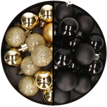 36x stuks kunststof kerstballen goud en zwart 3 en 4 cm - Kerstbal