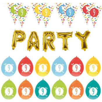 Leeftijd verjaardag 9 jaar geworden feestpakket vlaggetjes/ballonnen - Feestpakketten