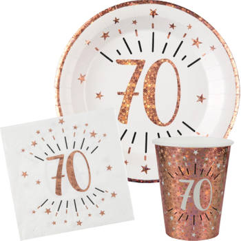 Verjaardag feest bekertjes/bordjes en servetten leeftijd - 60x - 70 jaar - rose goud - Feestpakketten