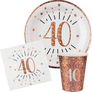 Verjaardag feest bekertjes/bordjes en servetten leeftijd - 30x - 40 jaar - rose goud - Feestpakketten