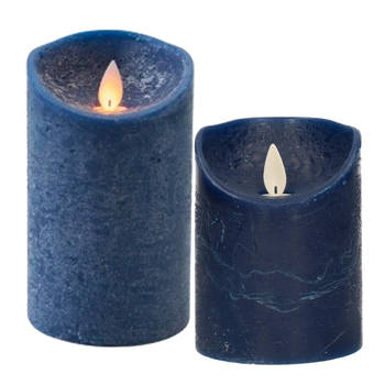 LED kaarsen/stompkaarsen - set 2x - donkerblauw - H10 en H12,5 cm - bewegende vlam - LED kaarsen