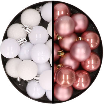 36x stuks kunststof kerstballen wit en oudroze 3 en 4 cm - Kerstbal