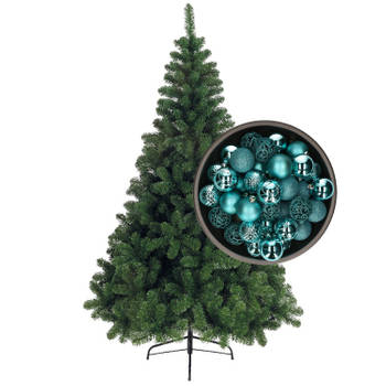 Bellatio Decorations kunst kerstboom 120 cm met kerstballen turquoise blauw - Kunstkerstboom