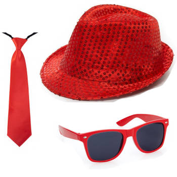 Carnaval verkleed set hoed stropdas en bril rood glitters - Verkleedhoofddeksels