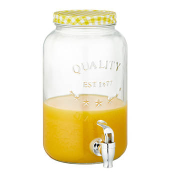 Glazen drankdispenser/limonadetap met geel/wit geblokte dop 3,5 liter - Drankdispensers