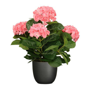 Hortensia kunstplant/kunstbloemen 45 cm - roze - in pot zwart mat - Kunstplanten