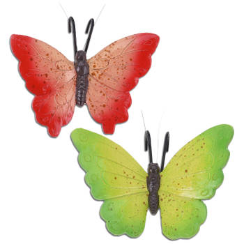Tuindecoratie bloempothanger vlinder - set 2x - groen/rood - kunststeen - 13 x 10 cm - Tuinbeelden